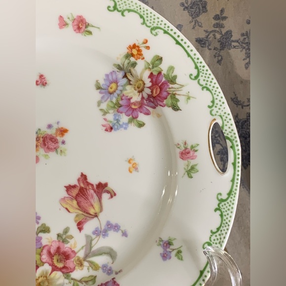 Antique Victoria Austria Floral 10" Porcelain Open Handled Cake Plate Green Trim - Picture 3 of 8